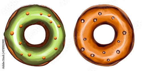 Colorful donuts with green and orange frosting and sprinkles