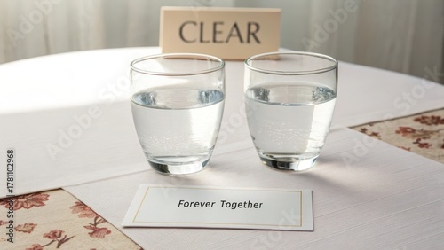 Two Glasses of Water with Clear Sign and Forever Together Card
