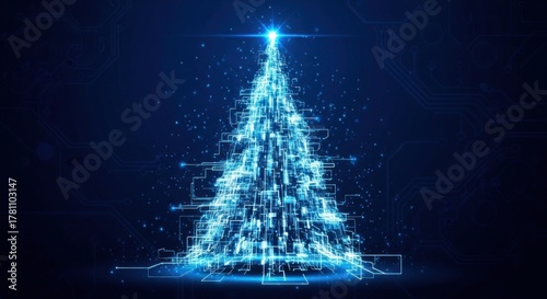 A blue, glowing, futuristic Christmas tree with a circuit board background.