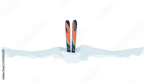Colorful skis stuck in snow upright red and orange design minimal winter concept