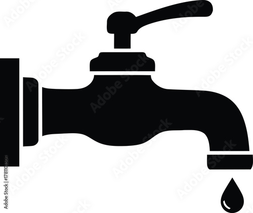 Black and White Faucet Tap Water Dripping Illustration Representing Plumbing Fixture for Hygiene with a Handle and Water Drop in a Home Bathroom or Kitchen
