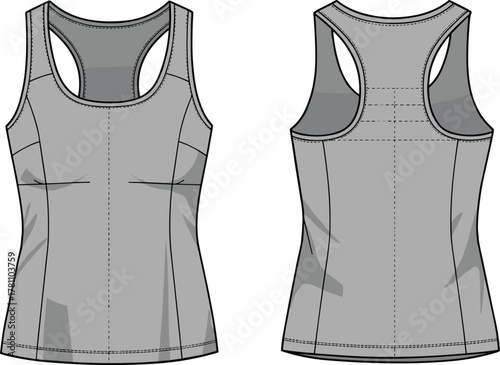Women tank top flat sketch, athletic racerback shirt technical drawing, sleeveless sportswear fashion design template for apparel designers