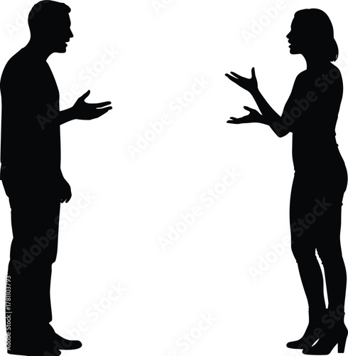 Silhouette of man and woman arguing, couple conflict discussion, relationship problem, disagreement, communication issue, emotional conversation, tension, misunderstanding, debate