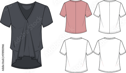 Women V-neck draped blouse flat sketch, short sleeve fashion top design, stylish technical drawing for apparel and garment template