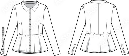 Women peplum blouse flat sketch, long sleeve button up shirt design, fashion technical drawing with collar and waist detail