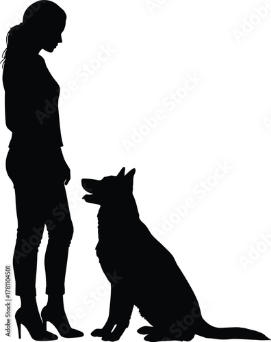 Silhouette of woman standing with dog, pet obedience training, human animal bond, loyalty, companionship, friendship, love, outdoor lifestyle, trust