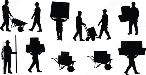 Silhouette of workers carrying boxes and tools, construction labor, delivery teamwork concept, industrial work scene, transportation and logistics illustration
