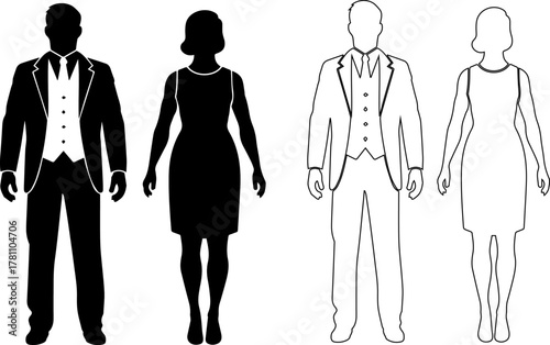 Figures of a man and woman standing side by side in full body view Black silhouette 
