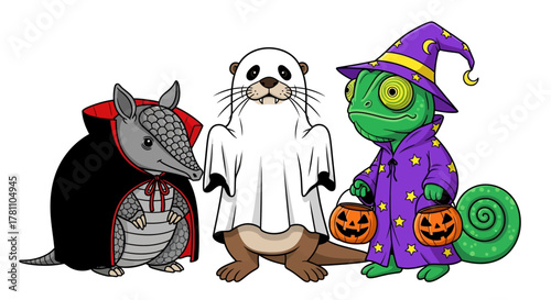 A cute group of cartoon animal friends, an armadillo, otter, and chameleon, dressed in Halloween costumes for a party