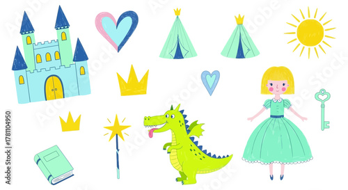 A charming vector collection of fairytale elements for children, featuring a princess, a friendly dragon, and a magic castle