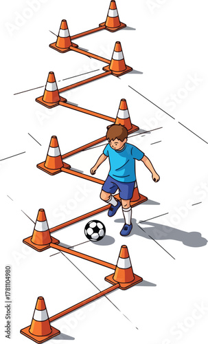 Young boy practices soccer dribbling drills with orange cones on a white surface.