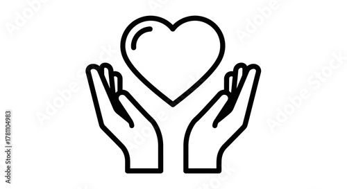 Simple line art icon of hands holding a heart, a vector symbol for love, charity, healthcare, and compassion