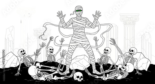 A powerful mummy necromancer with glowing eyes summons a legion of loyal skeletons from their graves among ancient ruins