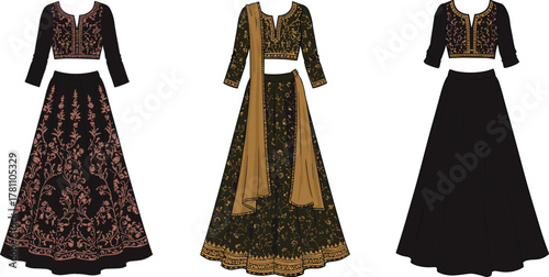 Elegant traditional lehenga dress collection with embroidered patterns, Indian ethnic fashion outfit, flat CAD vector illustration for clothing design