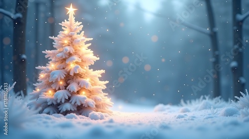 Christmas tree glows in the winter landscape
