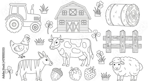 Vector set of cute farm animals and agricultural elements for a coloring book. Outline illustrations of a cow, sheep, tractor, and barn isolated on white