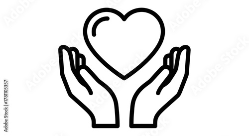 Minimalist line art icon of hands holding a heart, symbolizing love, charity, and compassionate care