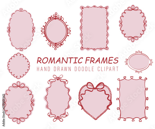 Set of romantic digital pictures, frames and labels, vintage style. Suitable for decoration of cosmetics, pharmacy products. Vector illustration. Aged paper effect. EPS 10 Hand drawn frames Doodles