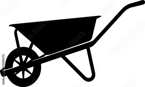 A Silhouette of a black garden wheelbarrow with one wheel and handles for landscaping and construction vector art