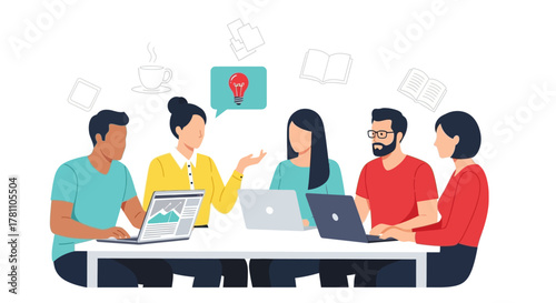 Vector illustration of a diverse business team in a meeting, brainstorming creative ideas and collaborating together on a new project
