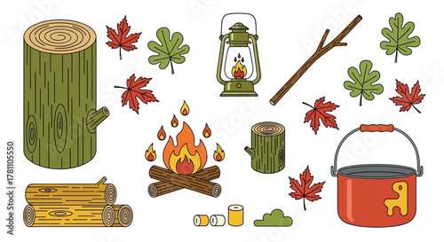 A versatile set of autumn camping and hiking clip art illustrations. This collection features a campfire, wood logs, lantern, and fall leaves for outdoor adventure designs