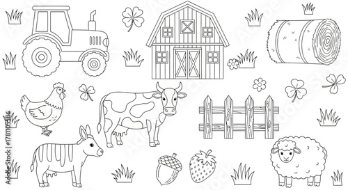 Adorable farm life outline illustration set for coloring. Includes a cute cow, tractor, barn, sheep, and other agricultural vector elements