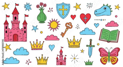 Vector collection of adorable fairytale clipart elements, featuring a princess castle, dragon, and magic kingdom icons