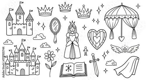 A charming collection of hand-drawn fairytale doodles featuring a princess, magical castle, royal crown, and enchanted items for storytelling