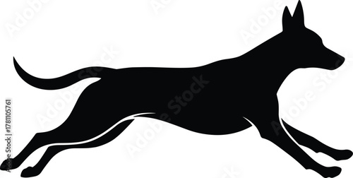 Black dog silhouette running fast, animal vector illustration, pet agility design, canine speed artwork, hunting dog motion concept graphic