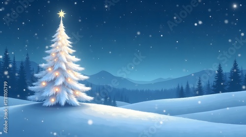 Christmas tree glows in the winter landscape