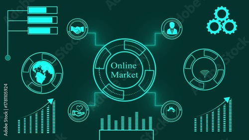 Online Market Network with Global Data and Growth Metrics in Neon Blue digital