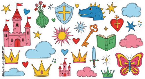 A whimsical set of hand-drawn fairy tale doodles. Collection of cute illustrations with a princess castle, dragon, crown, and magic elements