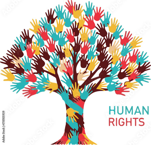 Colorful Hand Tree Symbolizing Human Rights Diversity and Inclusion for All People