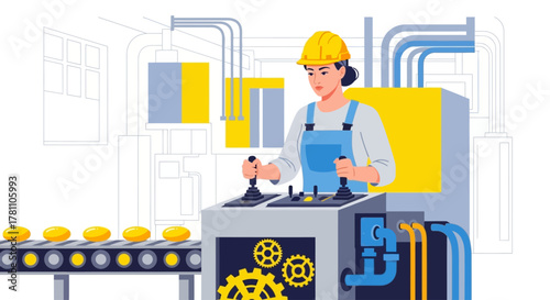 Woman engineer in a safety helmet controlling an automated production line machine in a modern factory. Industrial manufacturing vector illustration