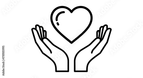 Vector icon of open hands carefully holding a heart, a simple line art concept representing love, charity, health, wellness, and social care