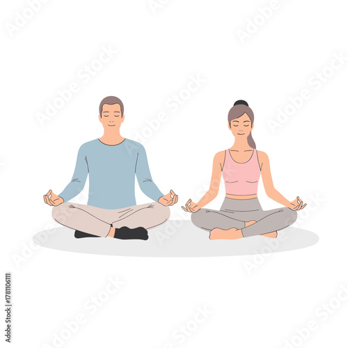 Illustration of couple meditating in seated yoga pose on white background
