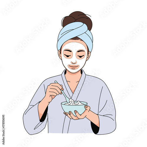 Illustration of woman mixing face mask with relaxed expression on white background