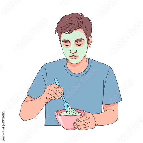 Illustration of man mixing face mask with focused expression on white background