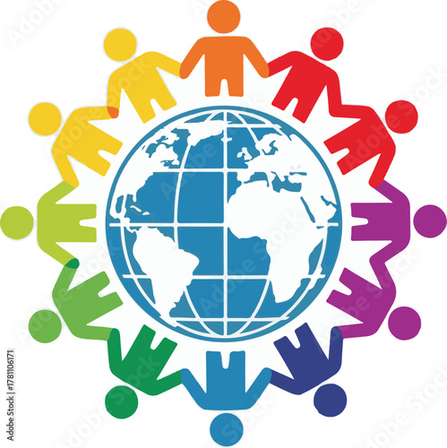 Global Unity and Collaboration A Colorful Illustration of People Holding Hands Around the World