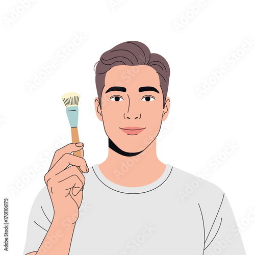 Illustration of man holding facial brush with neutral expression on white background
