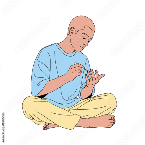 Illustration of man painting nails with focused expression on white background