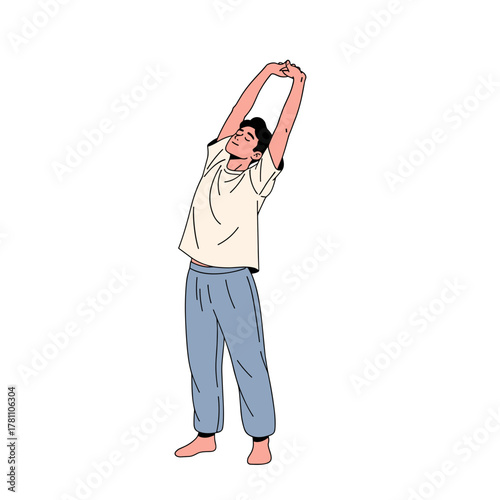 Illustration of man stretching arms with relaxed expression on white background