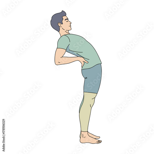Illustration of man stretching arms with relaxed expression on white background