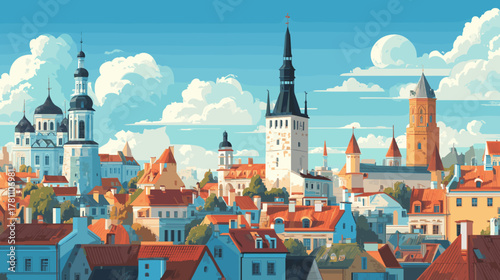 Cityscape of Tallinn, capital city of estonia, attractive touristic advertisement poster, beautiful touristic must-see destination. Beautiful tourist destination, in central europe.