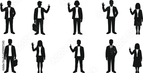 Business professional silhouettes waving, workplace diversity, formal attire, team gesture, black vector art, communication, greeting pose, minimal style, unity