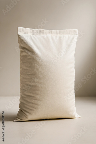Large Blank Off-White Sack or Bag Mockup: Vertical Full Plastic or Canvas Bag for Flour, Grain, or Powder Standing on a Neutral Surface