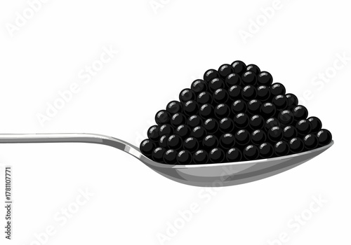An isolated vector illustration of a silver spoon heaping with luxurious glossy black caviar pearls, representing high-end gourmet dining and culinary extravagance