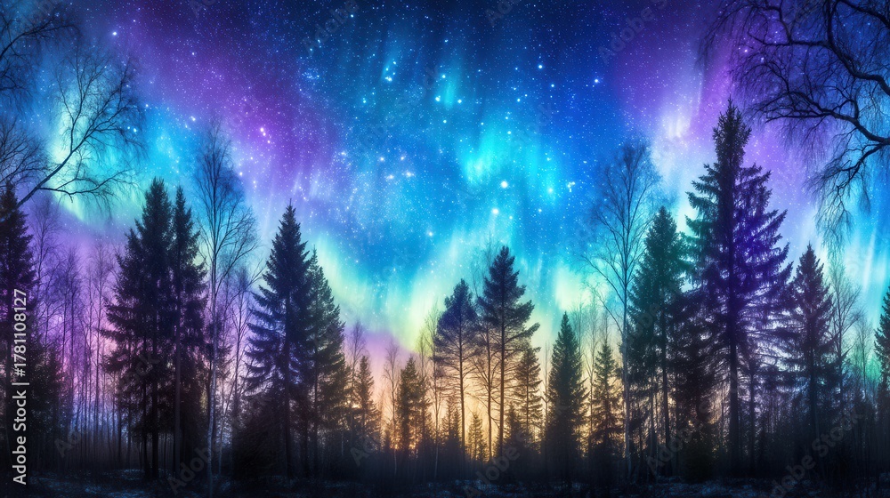 Naklejka premium Vibrant aurora borealis illuminates a silhouetted forest with tall trees against a starry night