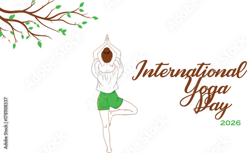 Woman in tree pose with hands overhead, celebrating international yoga day with a radiant sun and birds in the background