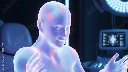 Futuristic medical technology displays a glowing human body scan for analysis and diagnosis